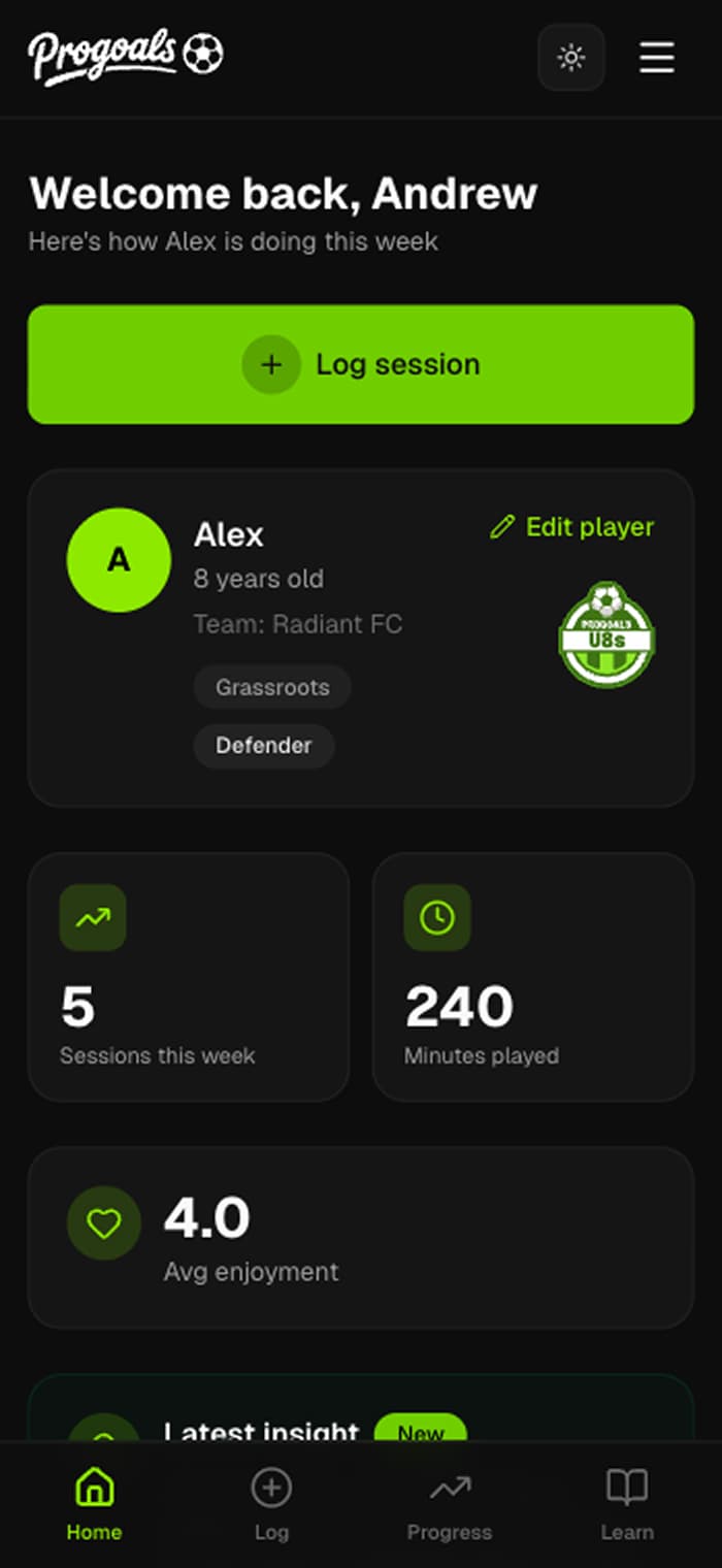 ProGoals dashboard on mobile